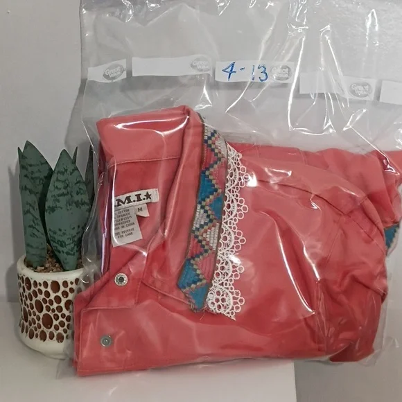 Ami Peachy Orange Coral Shabby Chic Western Jacket w/ Lace Collar Trim M - Picture 10 of 10